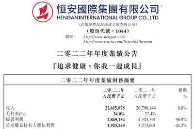 恒安國際2022年凈利潤銳減41% 挑戰與轉機并存，個人衛生用品銷售承壓，2023年毛利率有望改善